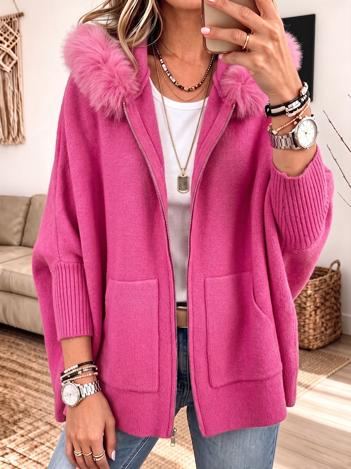 Faux Fur Hood Zip-Up Patch Pocket Oversized Knit Cardigan