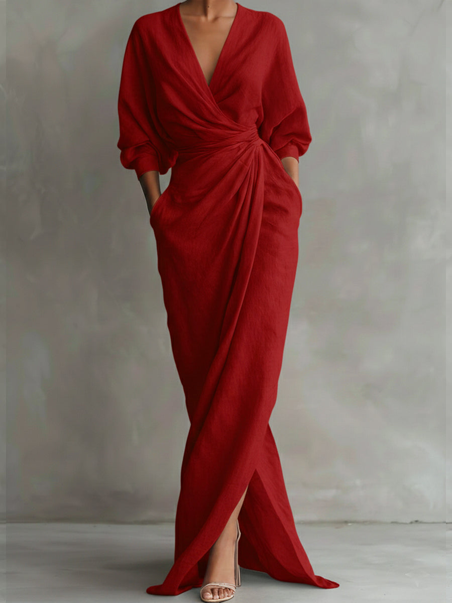 Surplice V-Neck Batwing Sleeve Twist Front Draped Wrap Maxi Dress