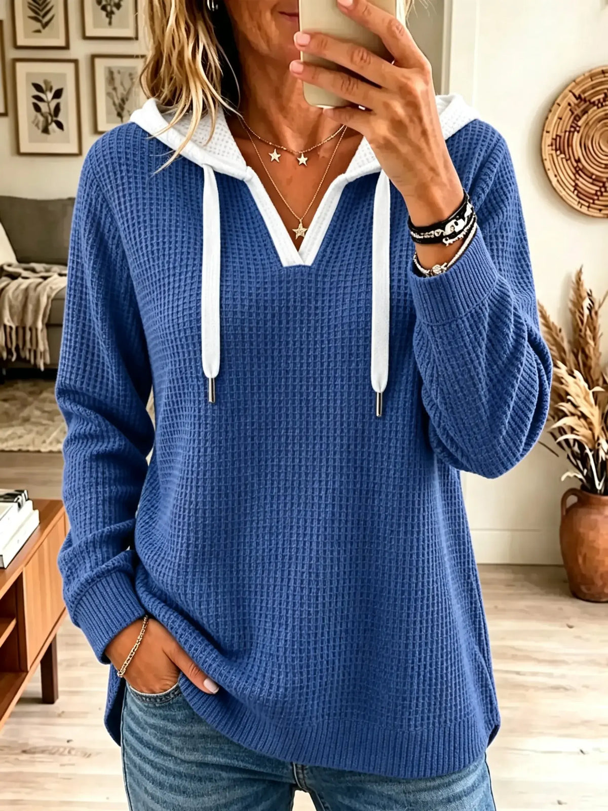 Royalblue Colorblock V-Neck Drawstring Waffle Knit Hoodie
