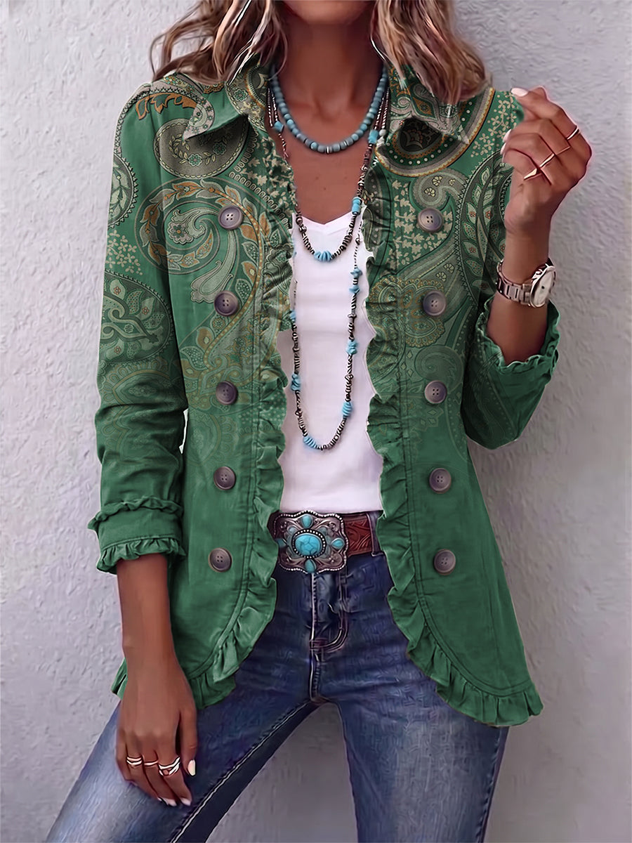Green Paisley Collared Paisley Print Ruffle Trim Button Front Jacket