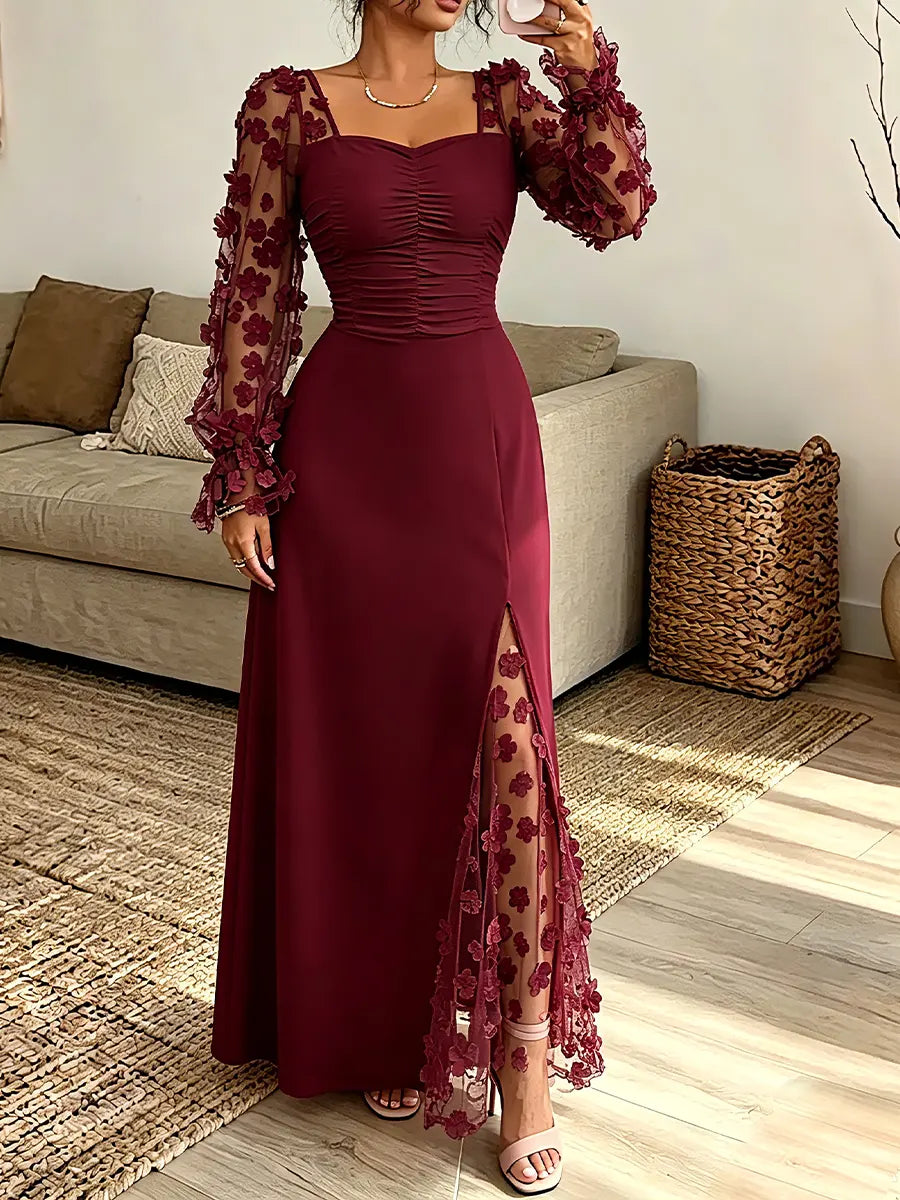 Square Neck 3D Floral Sheer Sleeve Ruched High Slit Maxi Dress 2