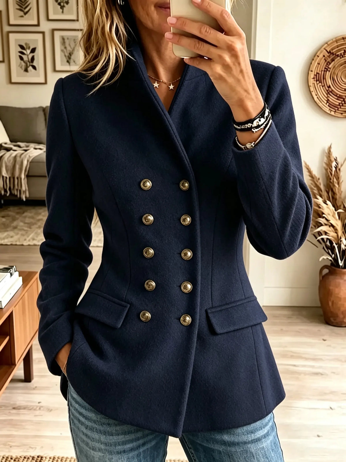 Navyblue Stand Collar Double-Breasted Fitted Woolen Blazer
