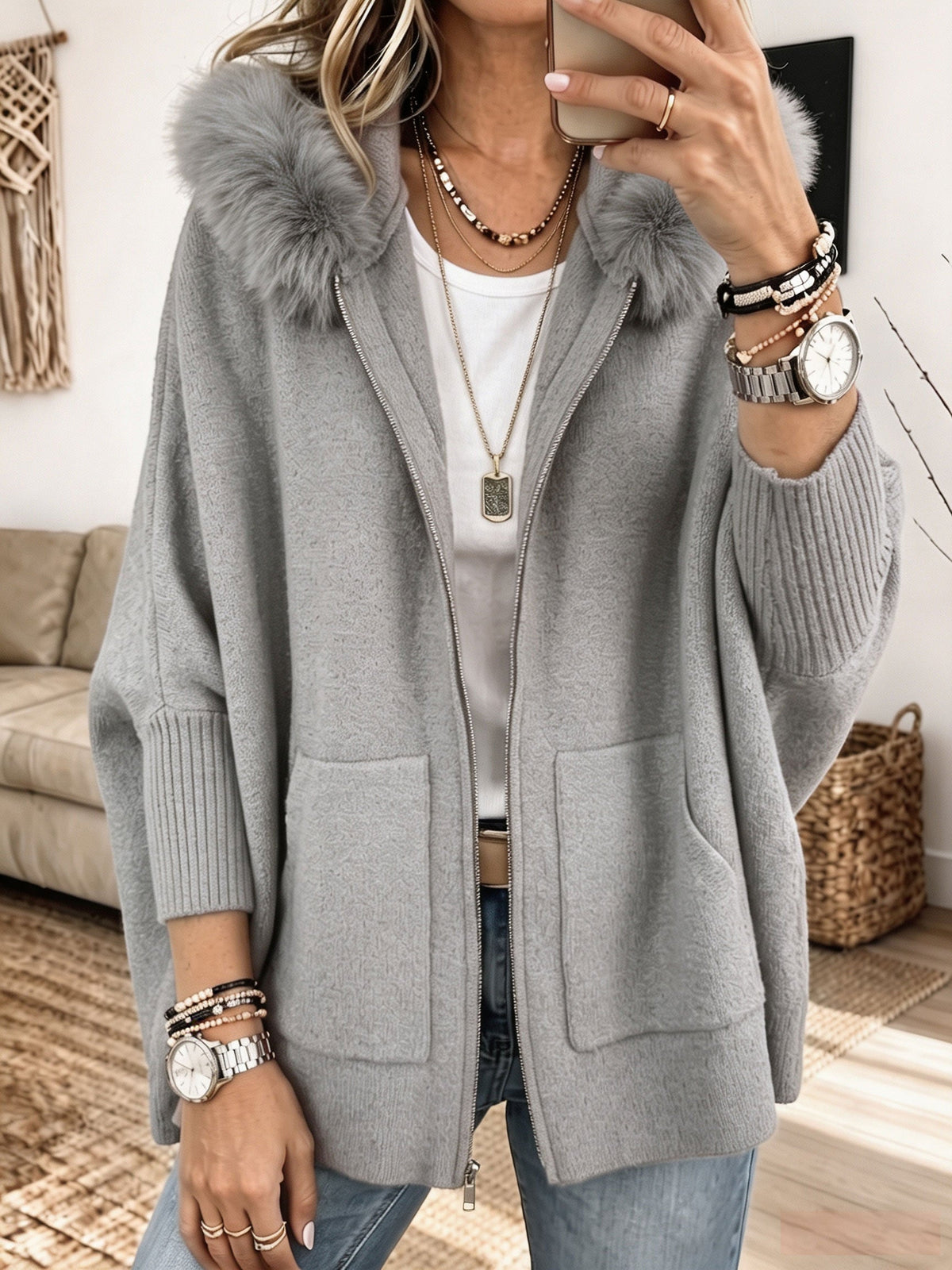 Faux Fur Hood Zip-Up Patch Pocket Oversized Knit Cardigan 4
