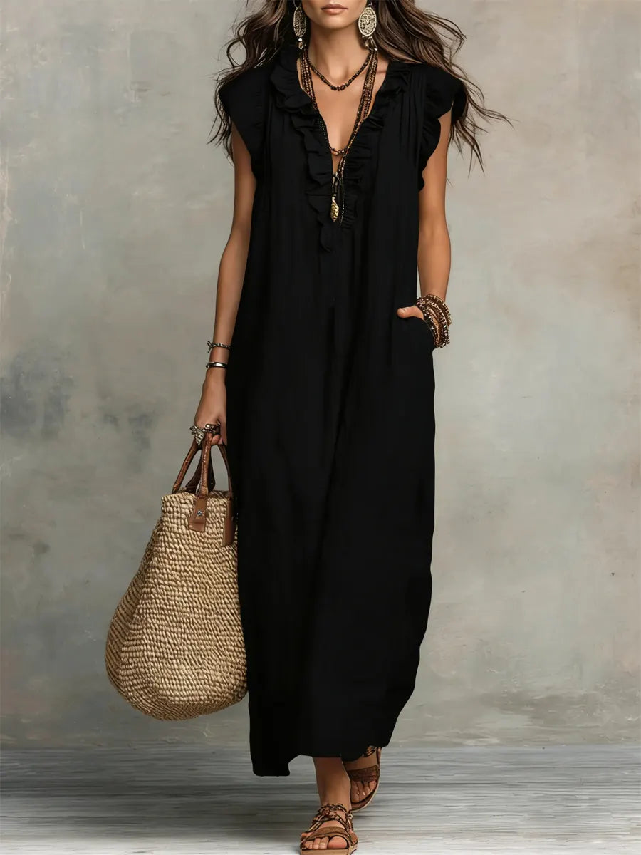 Ruffle Front Sleeveless Linen Loose Maxi Dress 5