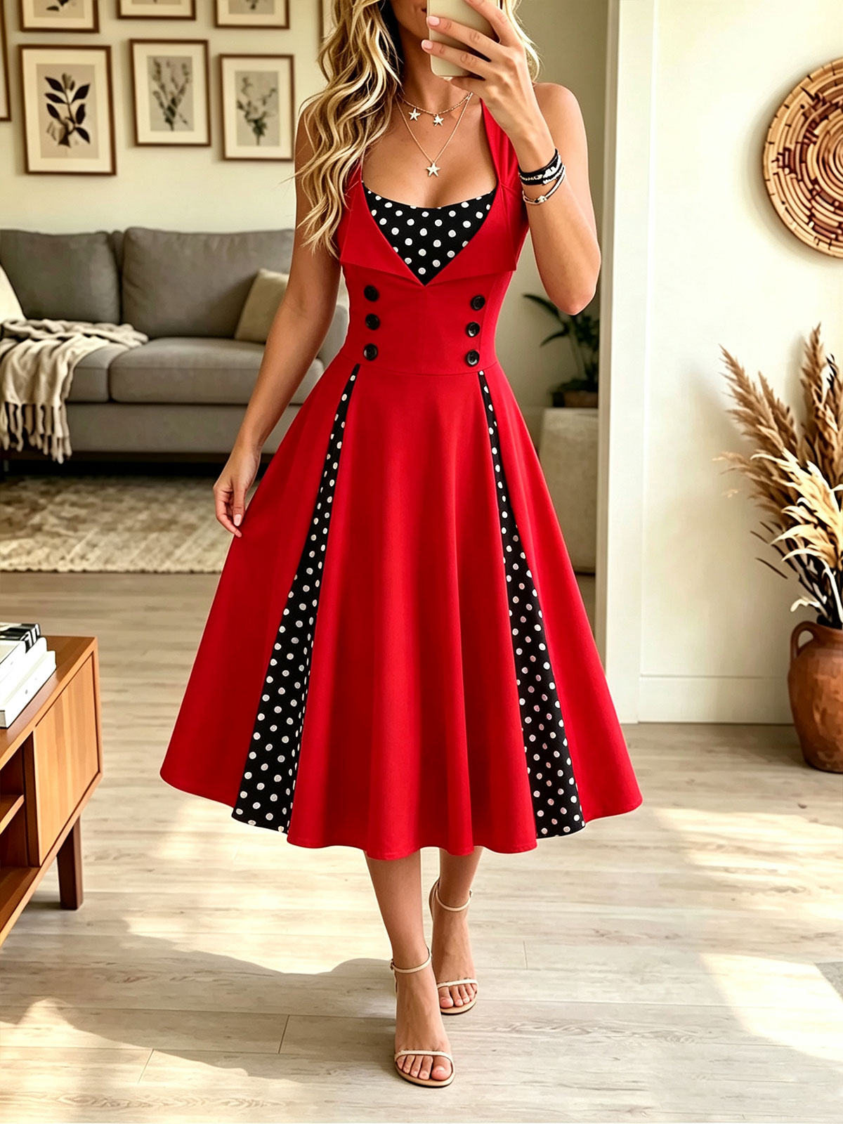 Red Sweetheart Neck Polka Dot Button Swing Fit Flare Midi Dress
