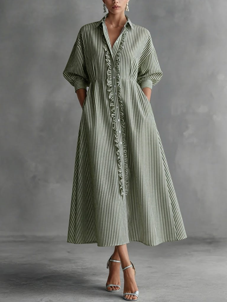 Lapel Collar Striped Button Front Ruffle Trim Shirt Maxi Dress 2