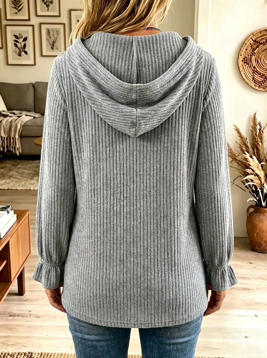 Grey Drawstring Hood Button Placket Ribbed Knit Pullover 2
