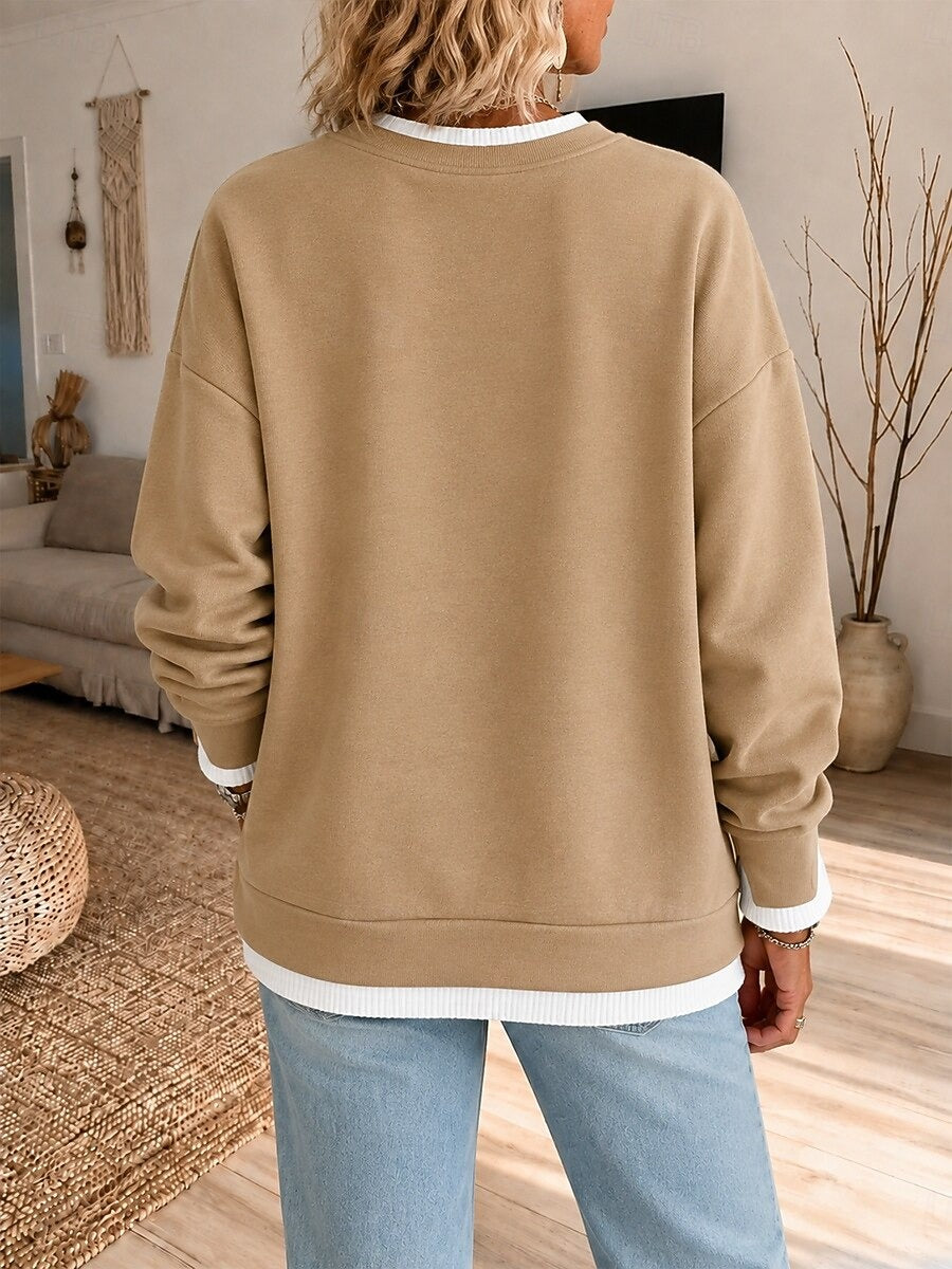 Crewneck Contrast Layered Hem Side Slit Sweatshirt 2