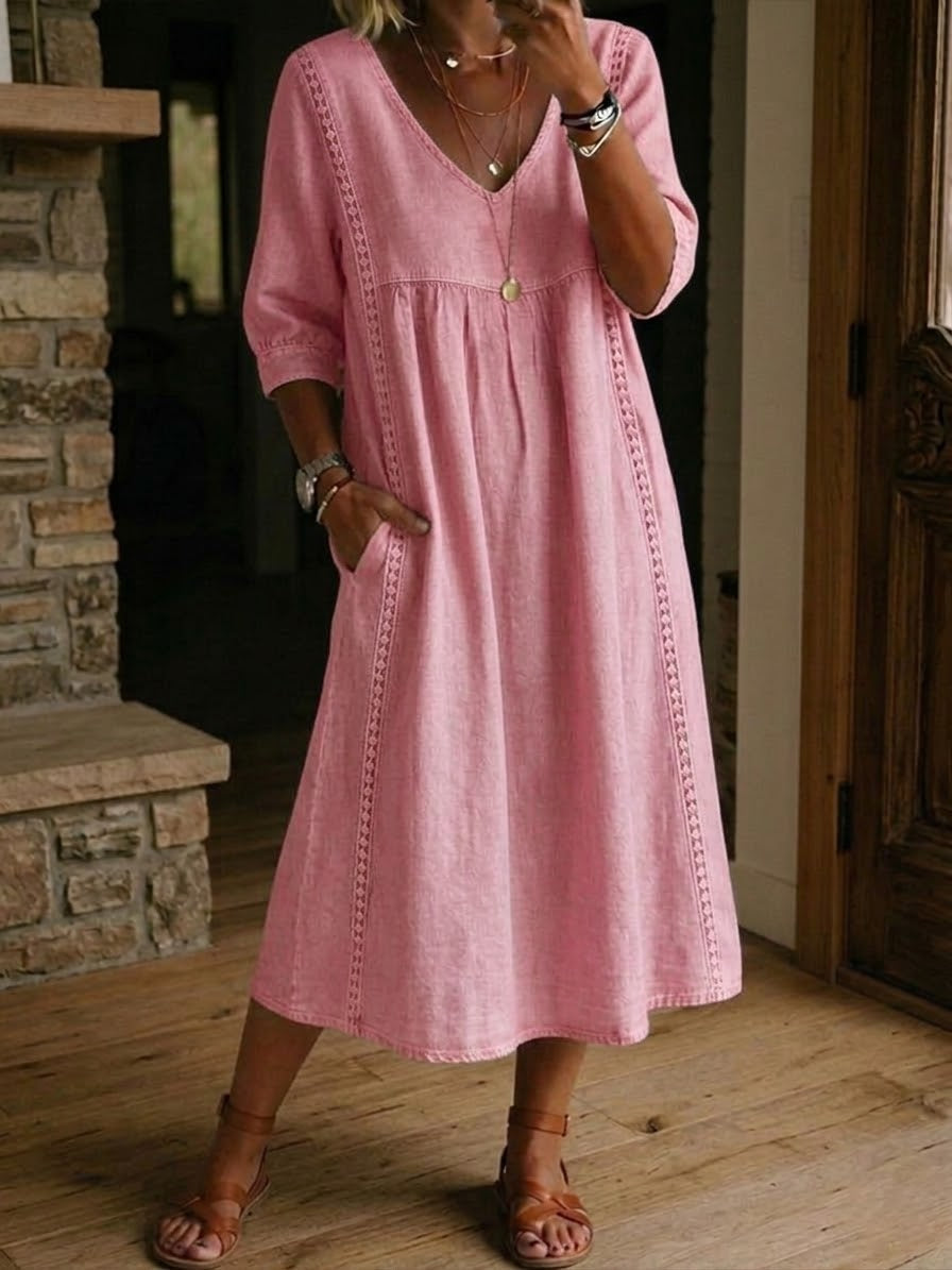 Pink V-Neck Pleated Openwork Trim Pocket Linen Midi Dress