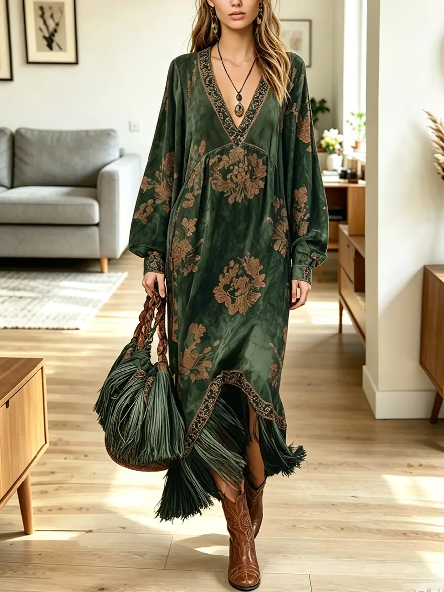 Green V-Neck Floral Velvet Tassel Hem Long Sleeve Boho Maxi Dress