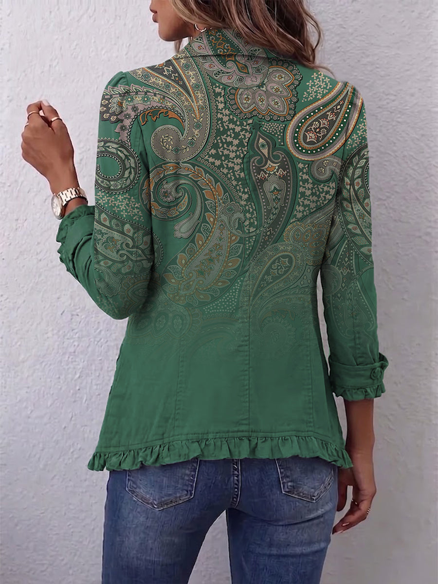 Green Paisley Collared Paisley Print Ruffle Trim Button Front Jacket 2