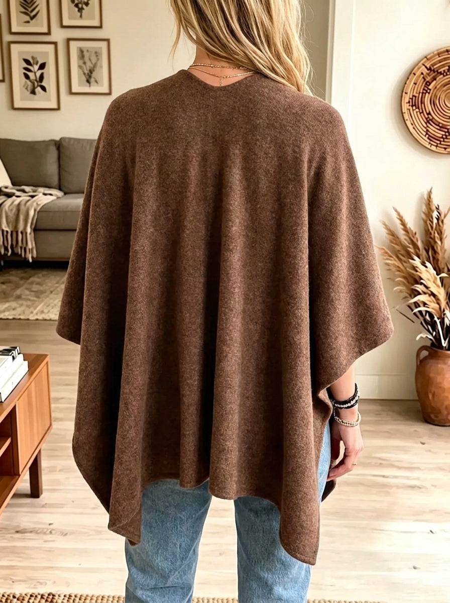 Brown Front Knot Draped V-Neck Woolen Poncho Wrap 2