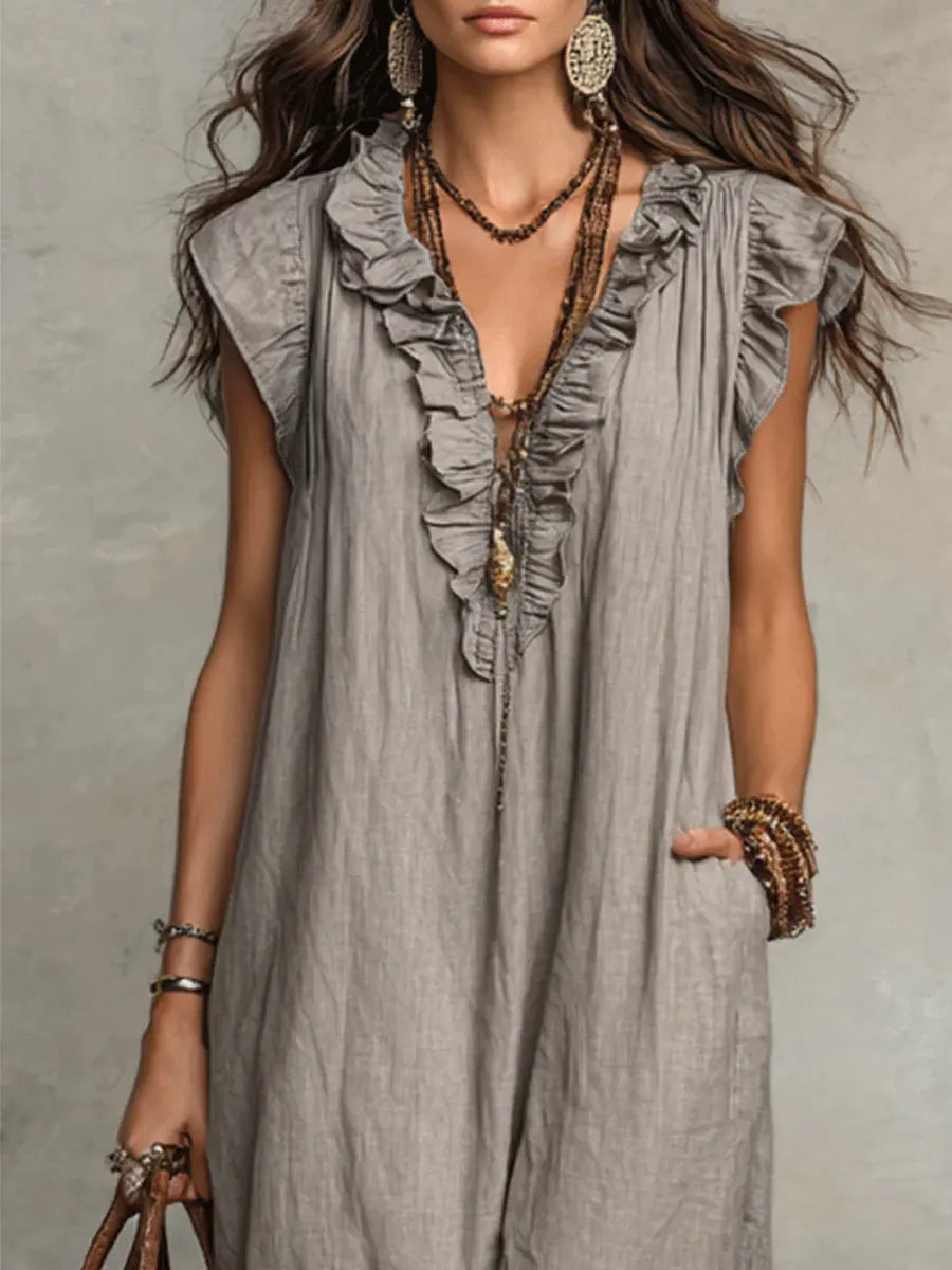 Ruffle V-Neck Flutter Sleeve Linen Relaxed Maxi Dress 15