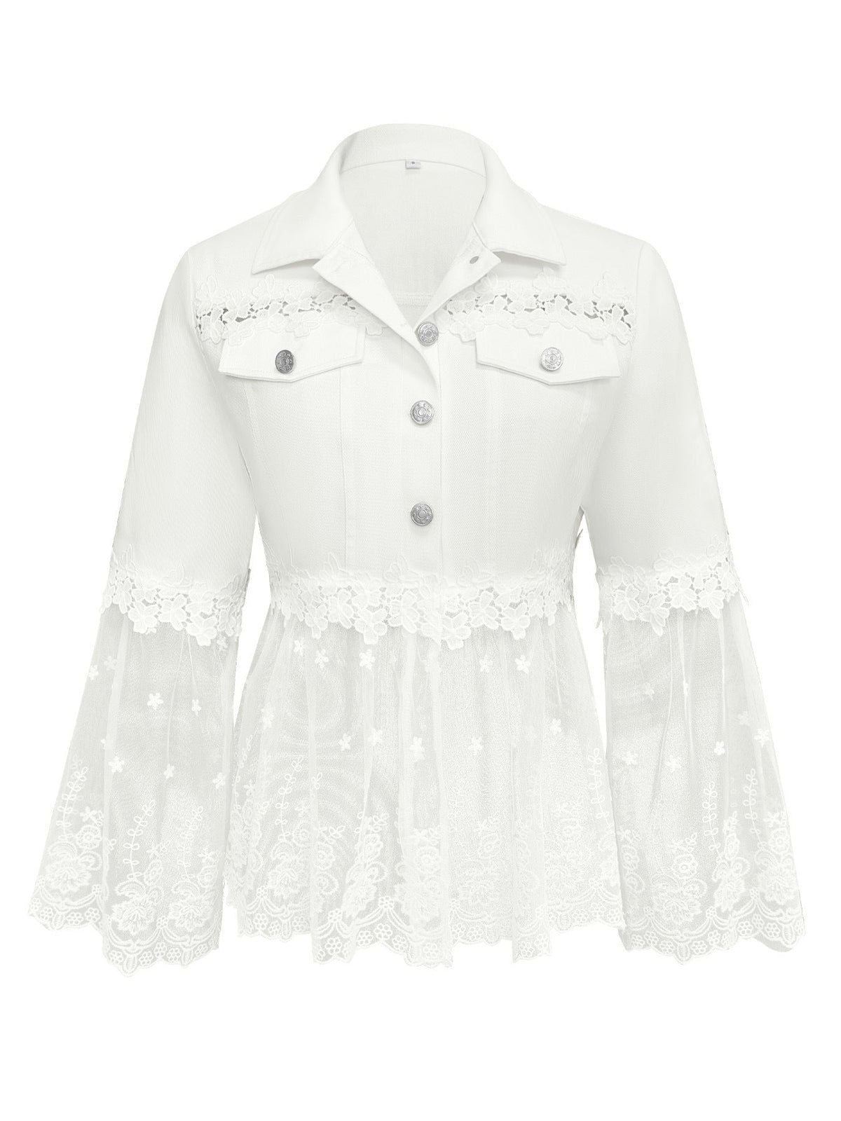 White Collared Floral Lace Mesh Panel Bell Sleeve Denim Jacket 4