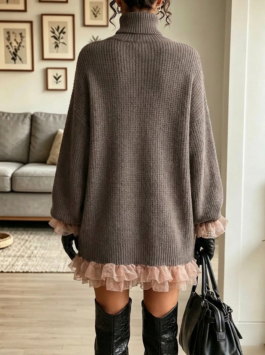 Turtleneck Ribbed Knit Balloon Sleeve Ruffle Mesh Hem Mini Dress 2