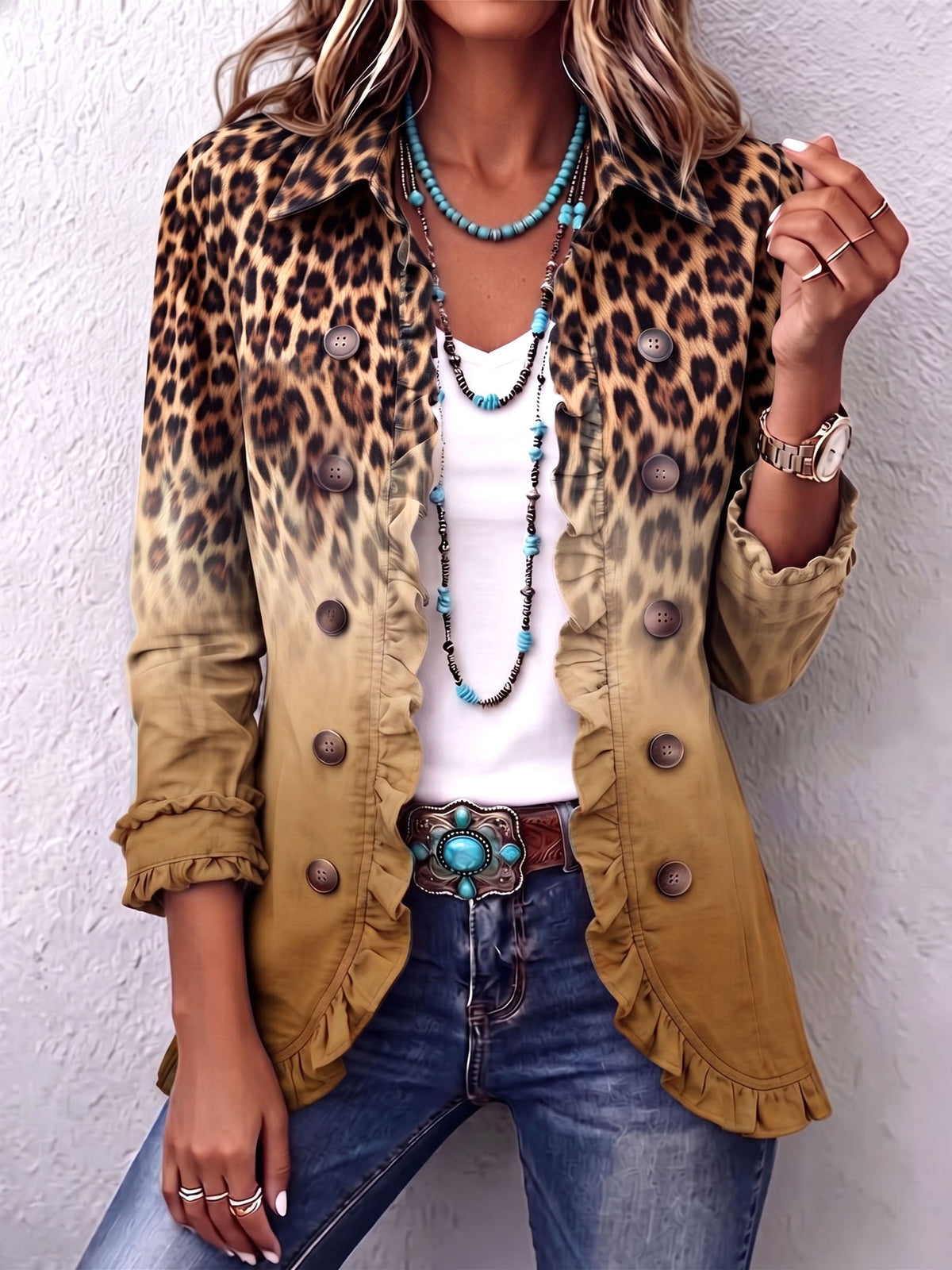 Lapel Collar Leopard Ombre Ruffle Trim Button Blazer 6