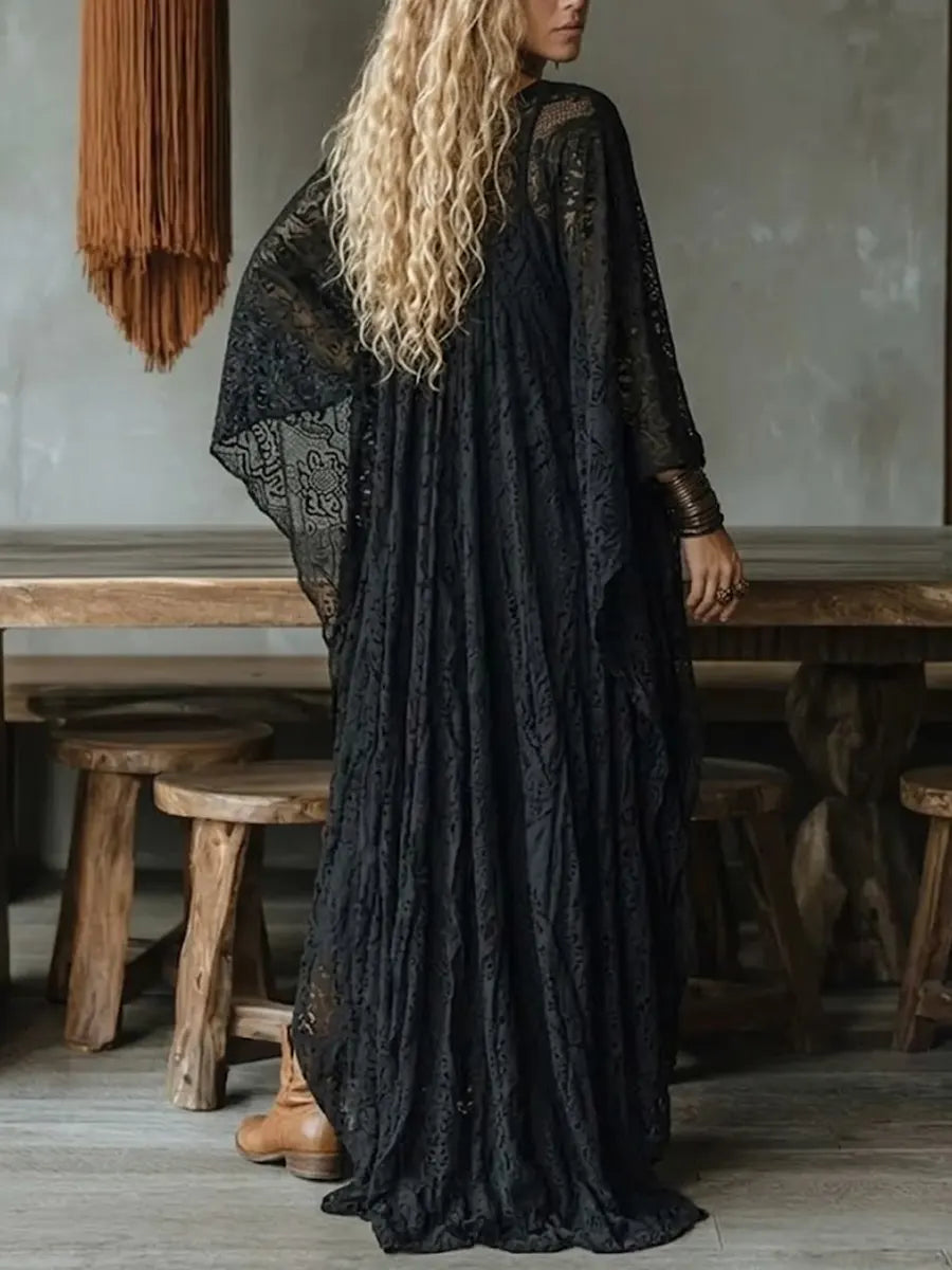 Black Lace V-neck Oversized Bohemian Maxi Dress