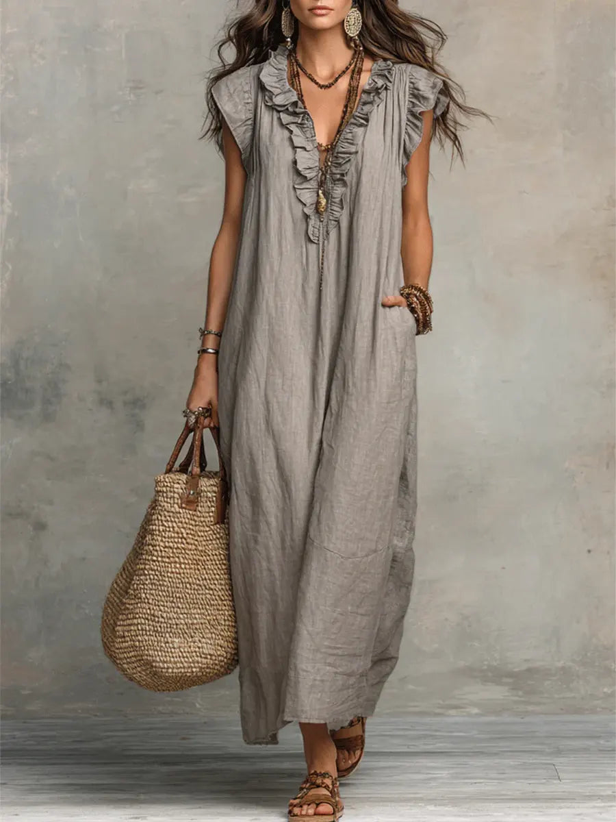 Ruffle V-Neck Flutter Sleeve Linen Relaxed Maxi Dress