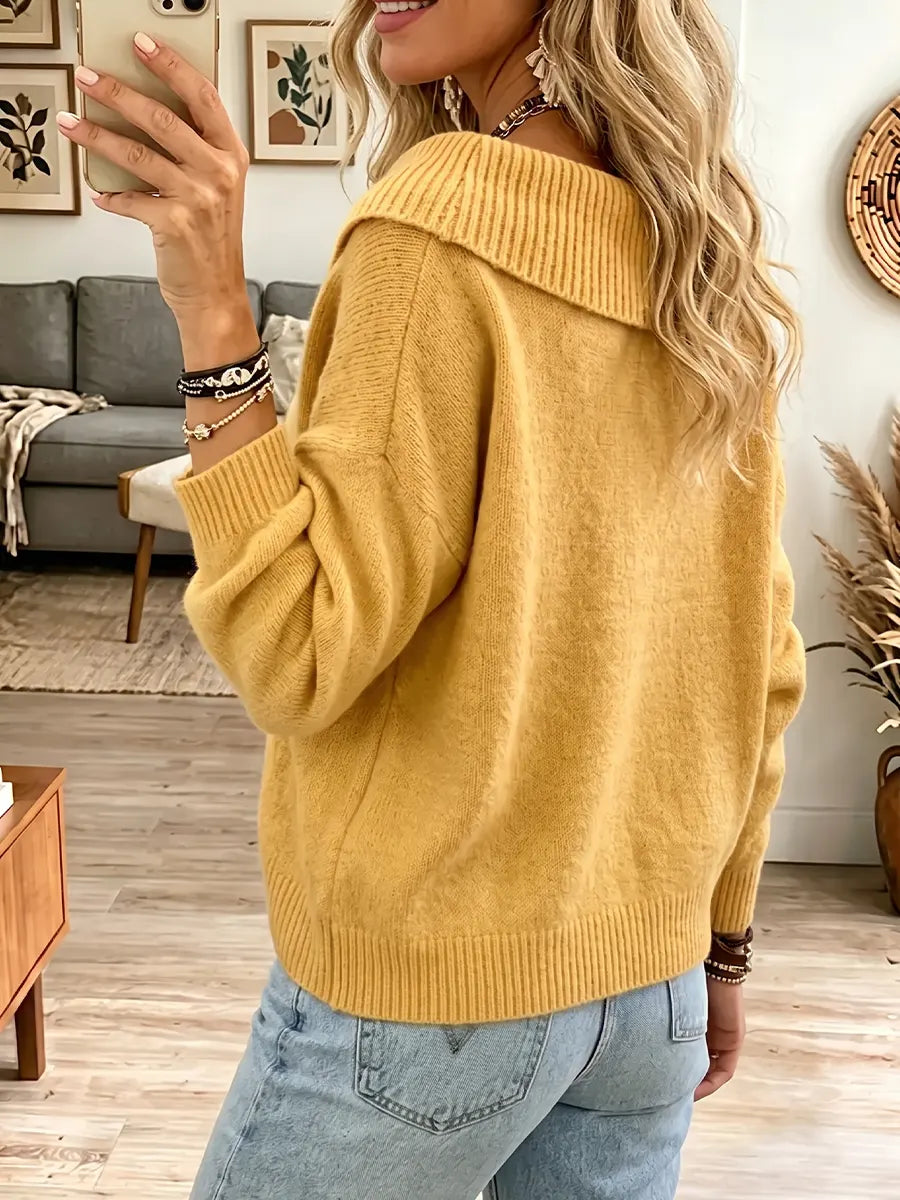 Yellow Foldover Collar Button Front Drop Shoulder Knit Cardigan 2
