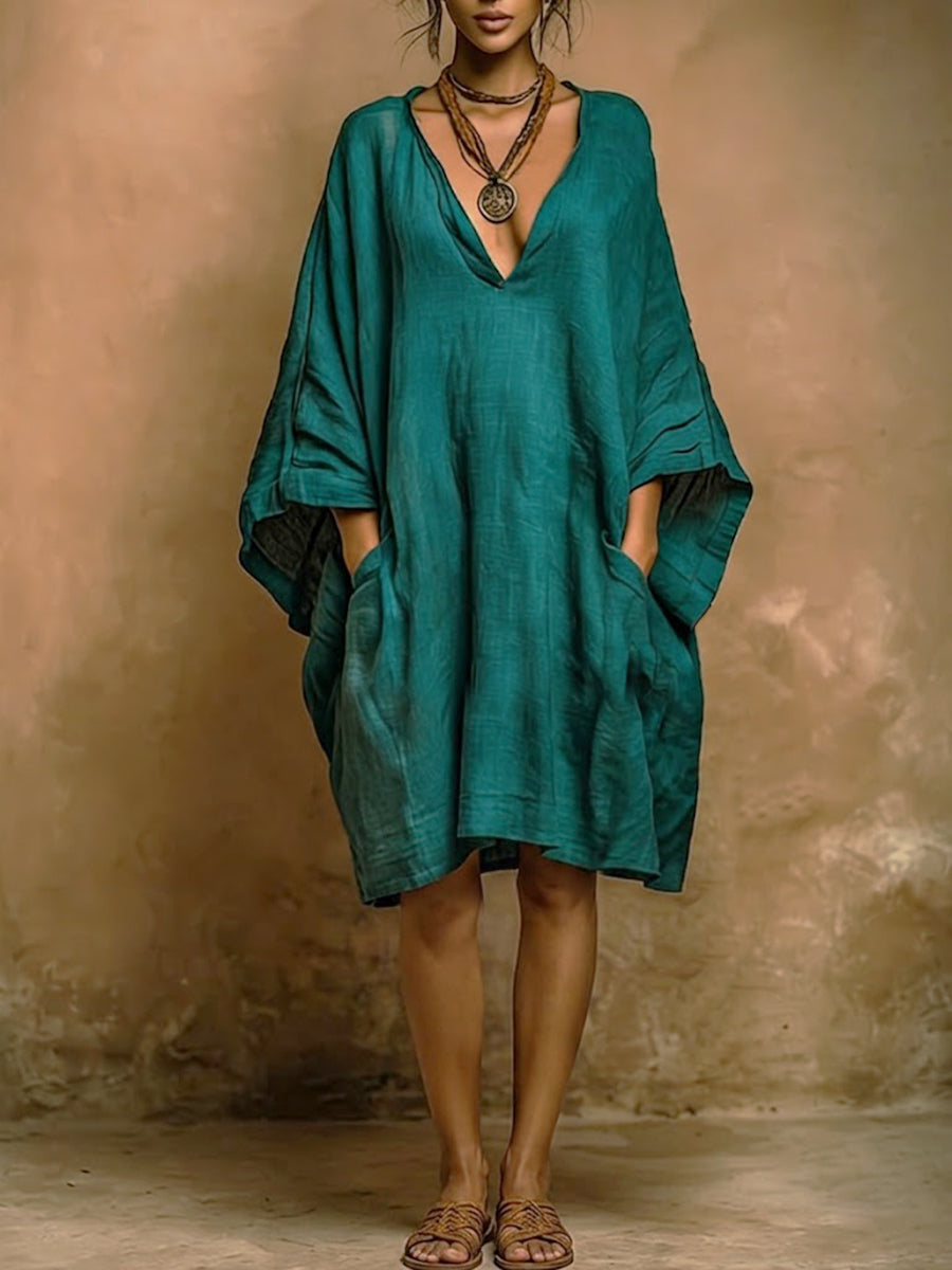 V-Neck Batwing Sleeve Oversized Linen Shift Midi Dress 4