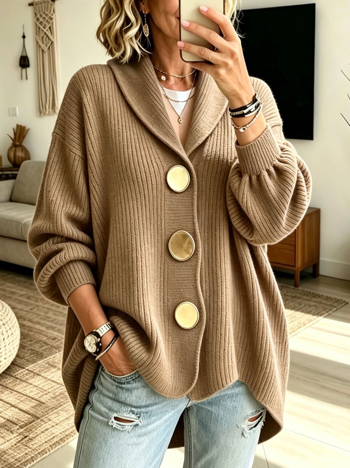 Khaki Shawl Collar Oversized Chunky Knit Big Button Drop Sleeve Cardigan