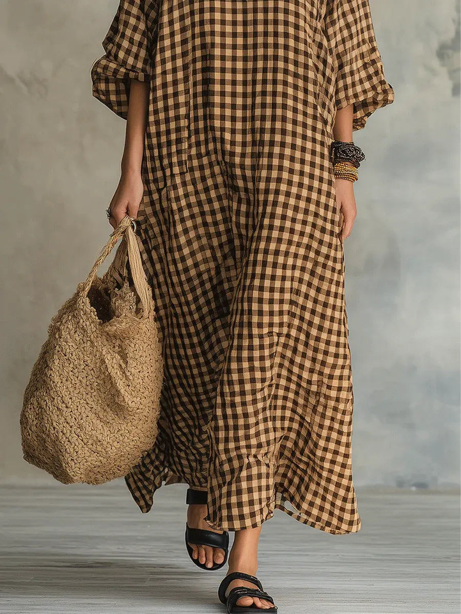 V-Neck Long Sleeve Gingham Check Linen Loose Maxi Dress 3