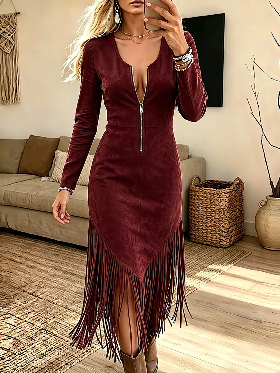 Zip Front Faux Suede Fringe Hem Long Sleeve Bodycon Midi Dress 3