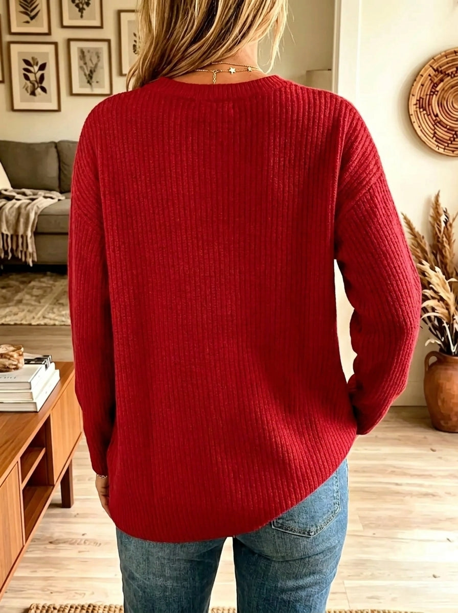 Red Crew Neck Sequin Bow Graphic Knit Sweater 2