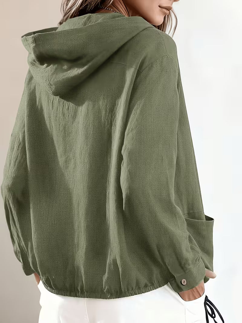 Hooded Button Front Drawstring Hem Patch Pocket Lightweight Jacket 4