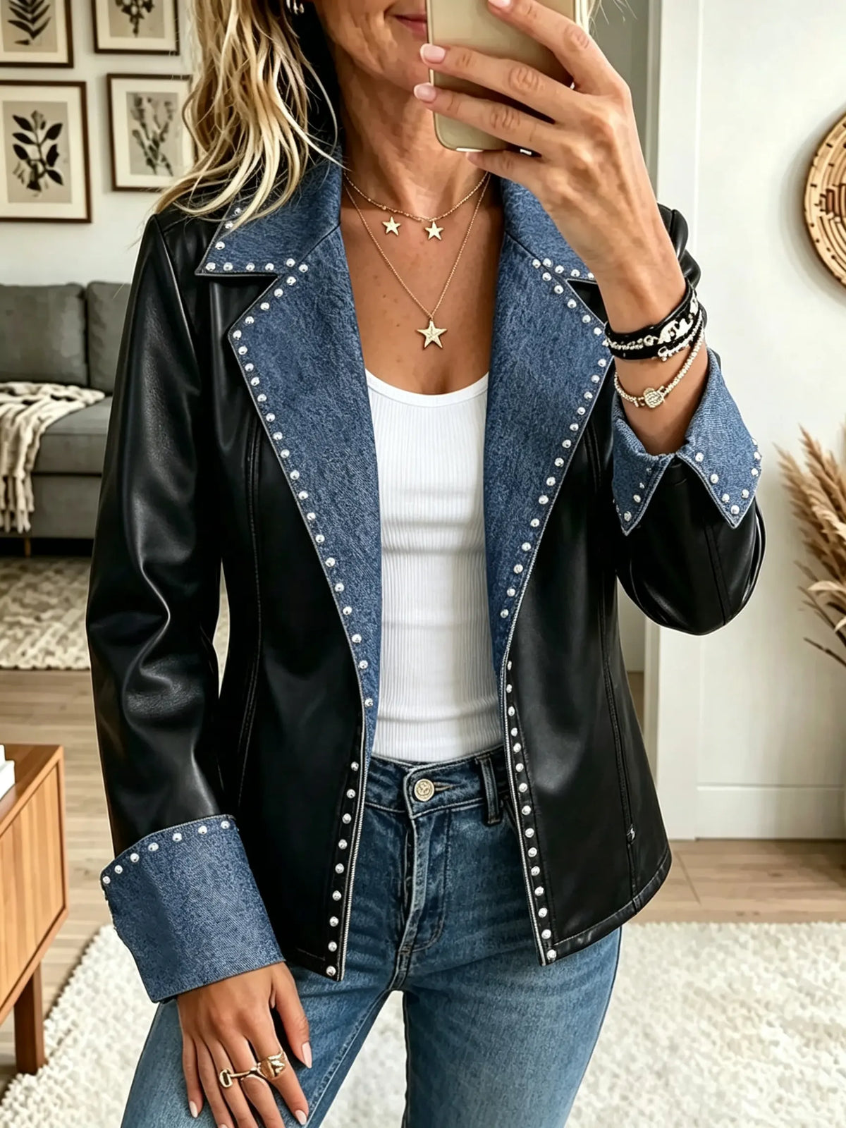 Black Notch Lapel Studded Denim Contrast Faux Leather Jacket