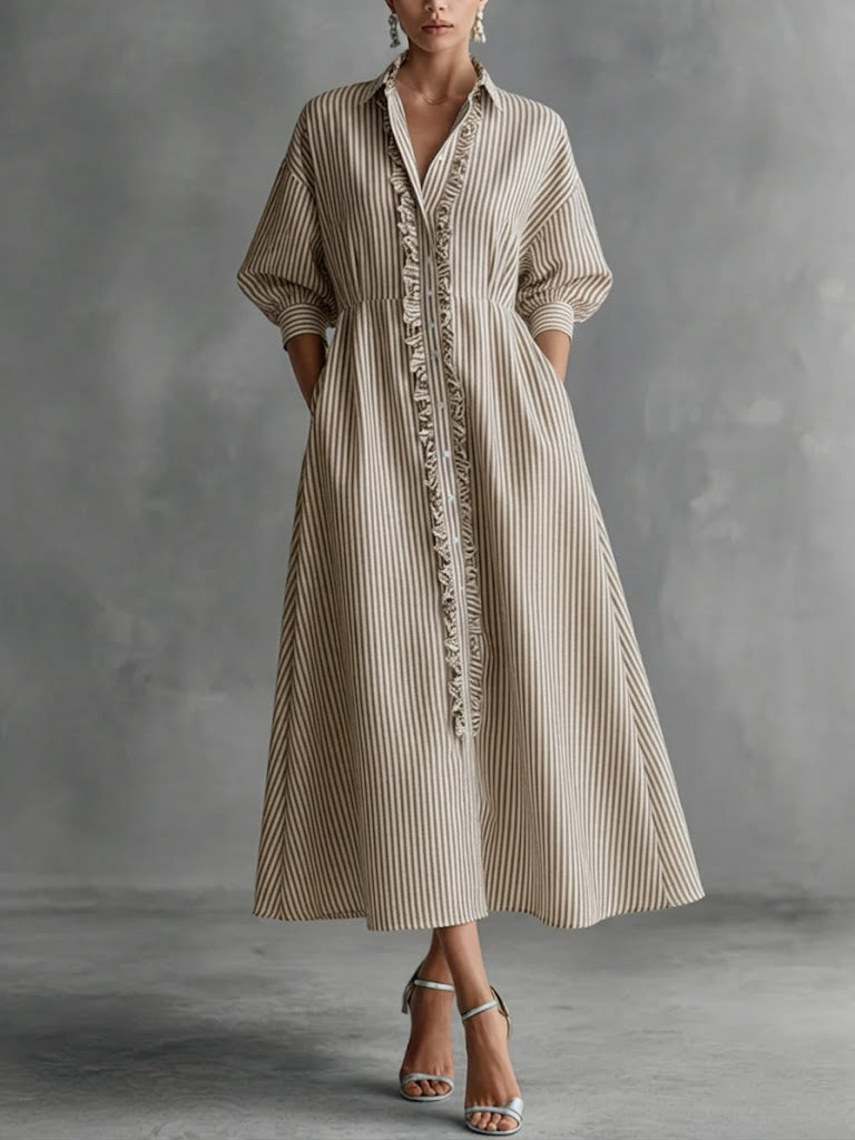 Lapel Collar Striped Button Front Ruffle Trim Shirt Maxi Dress 3