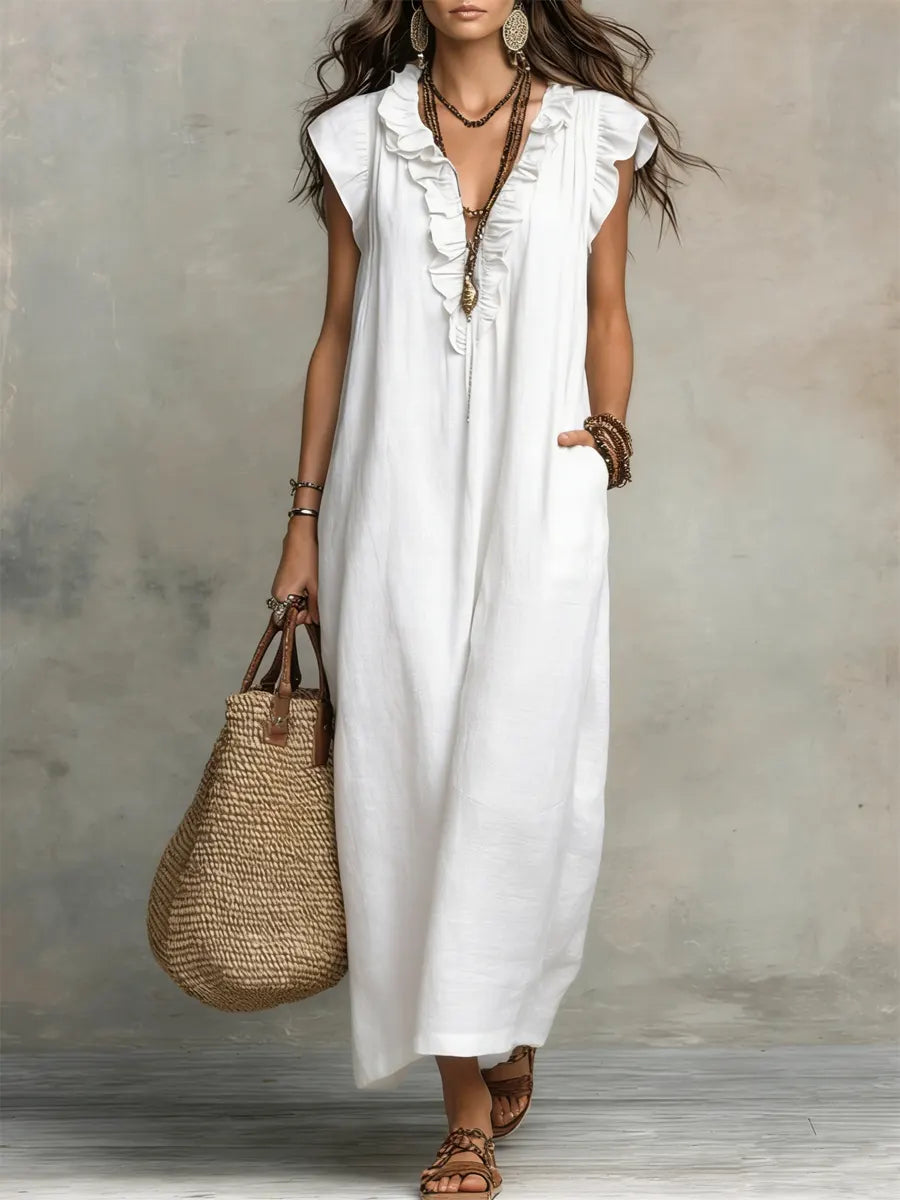 Ruffle Front Sleeveless Linen Loose Maxi Dress 6