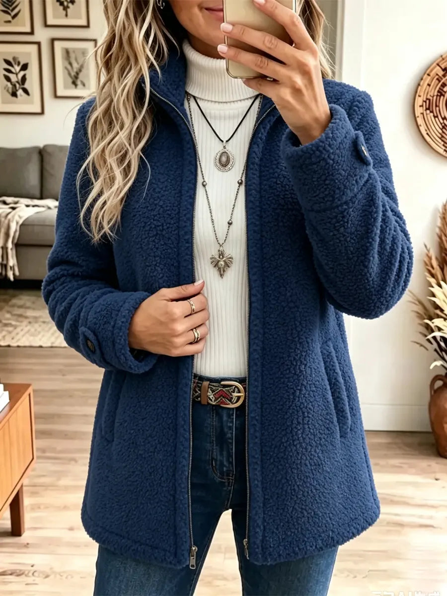 Stand Collar Zip Front Button Cuff Teddy Fleece Jacket 4