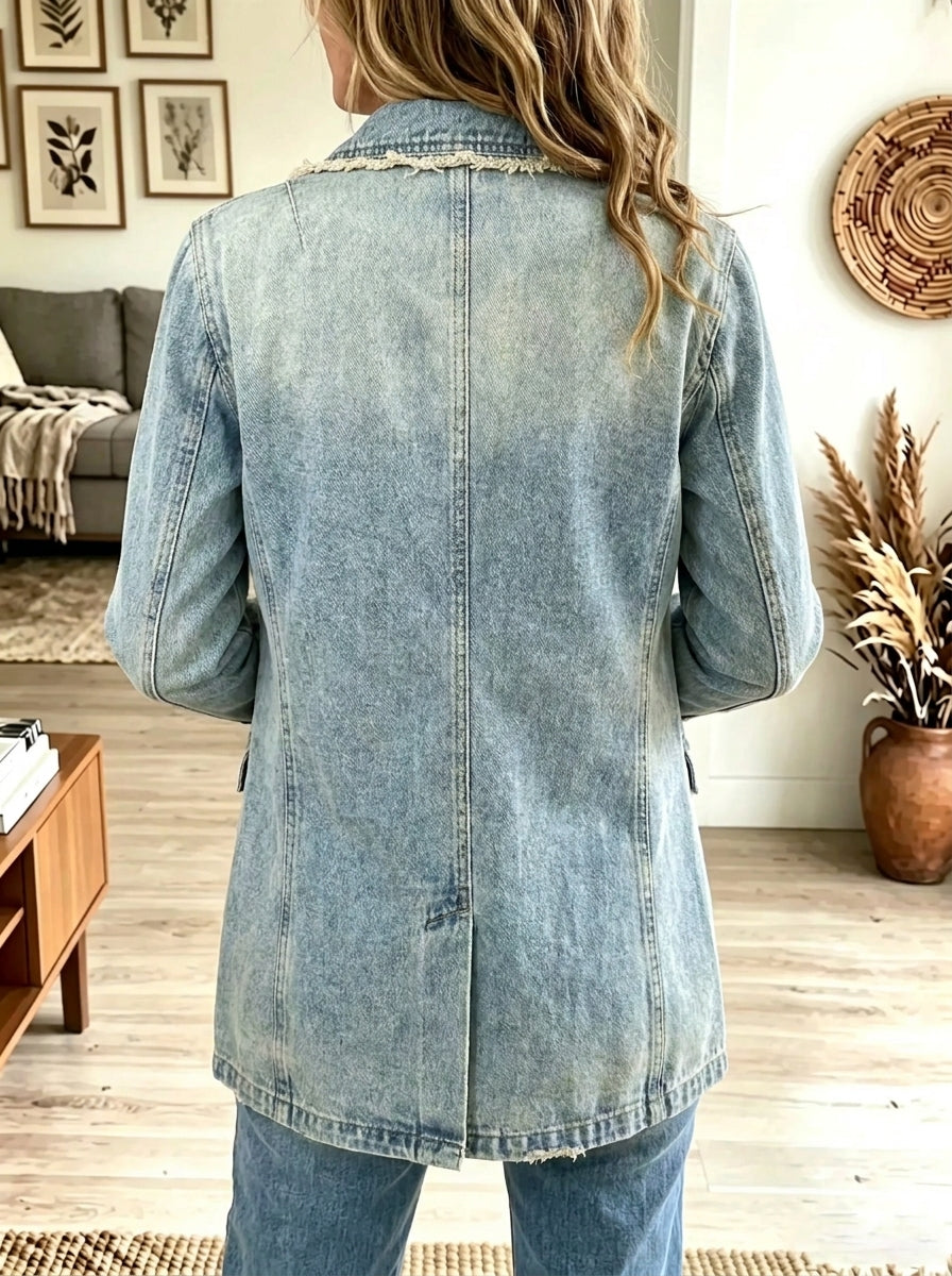 Blue Notched Lapel Frayed Edge Double Breasted Denim Blazer 2
