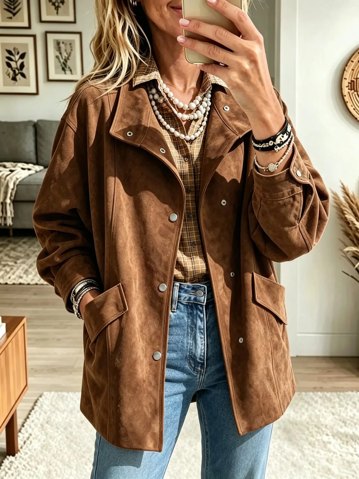 Brown Collared Snap Button Faux Suede Pocket Jacket