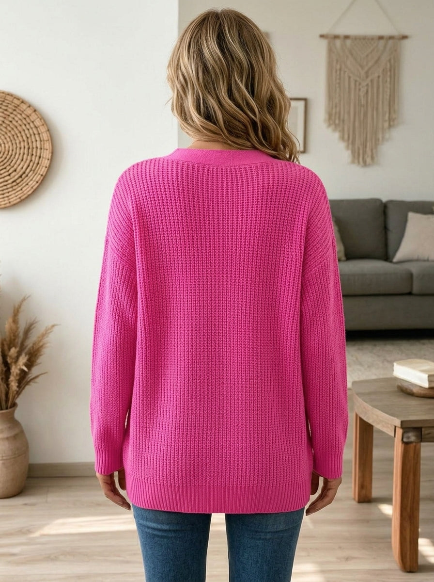 Pink V-Neck Cutout Oversized Chunky Knit Sweater 2