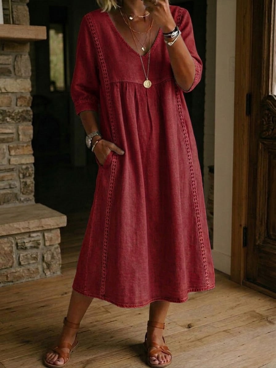 Wine Red V-Neck Linen Crochet Trim Long Sleeve Pocket A-Line Midi Dress