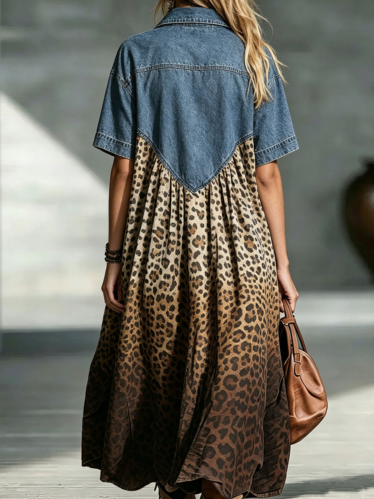 Brown Collared Denim Spliced Leopard Print Short Sleeve Maxi Dress 2