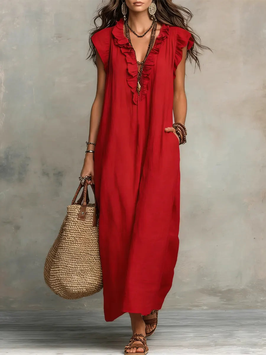 Ruffle Front Sleeveless Linen Loose Maxi Dress 7