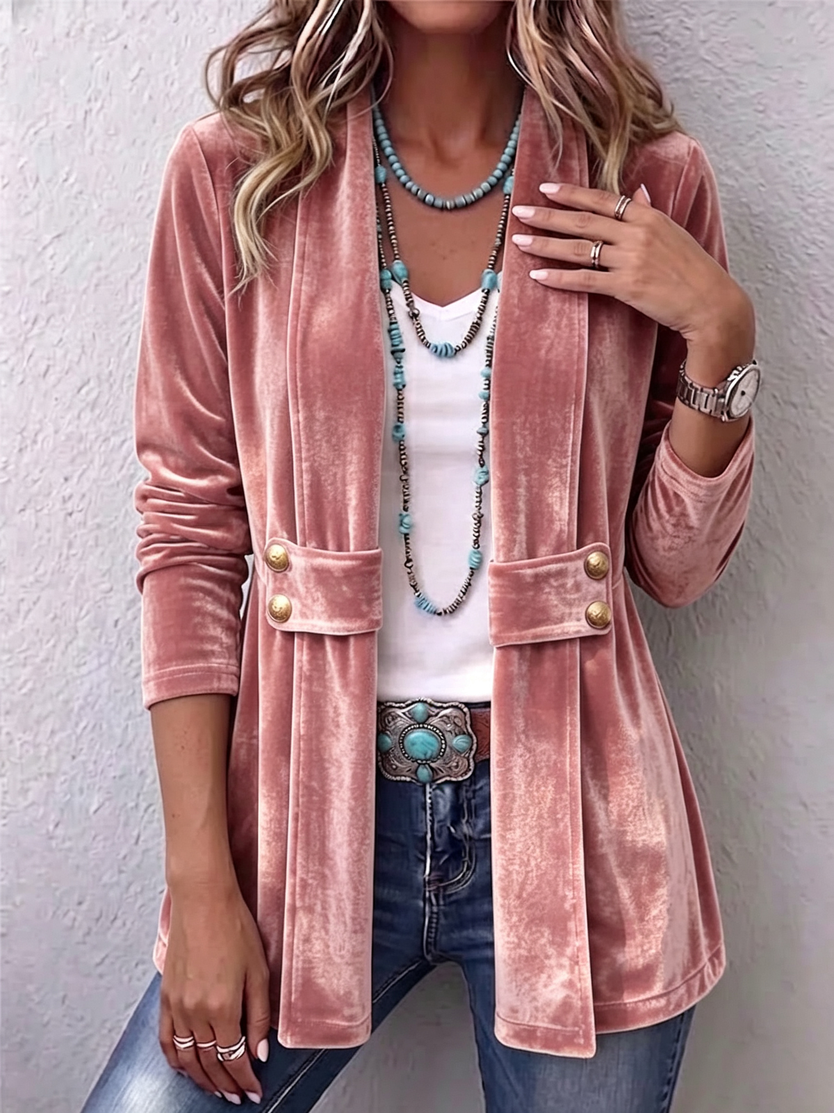 Lapel Collar Velvet Button Accent Open Front Jacket 2