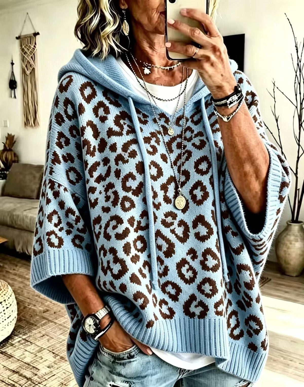 Hooded Leopard Print Drawstring Half Sleeve Knit Sweater 7