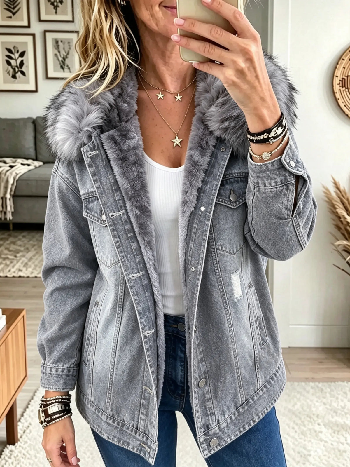 Faux Fur Collar Fleece Lined Distressed Longline Denim Jacket 3
