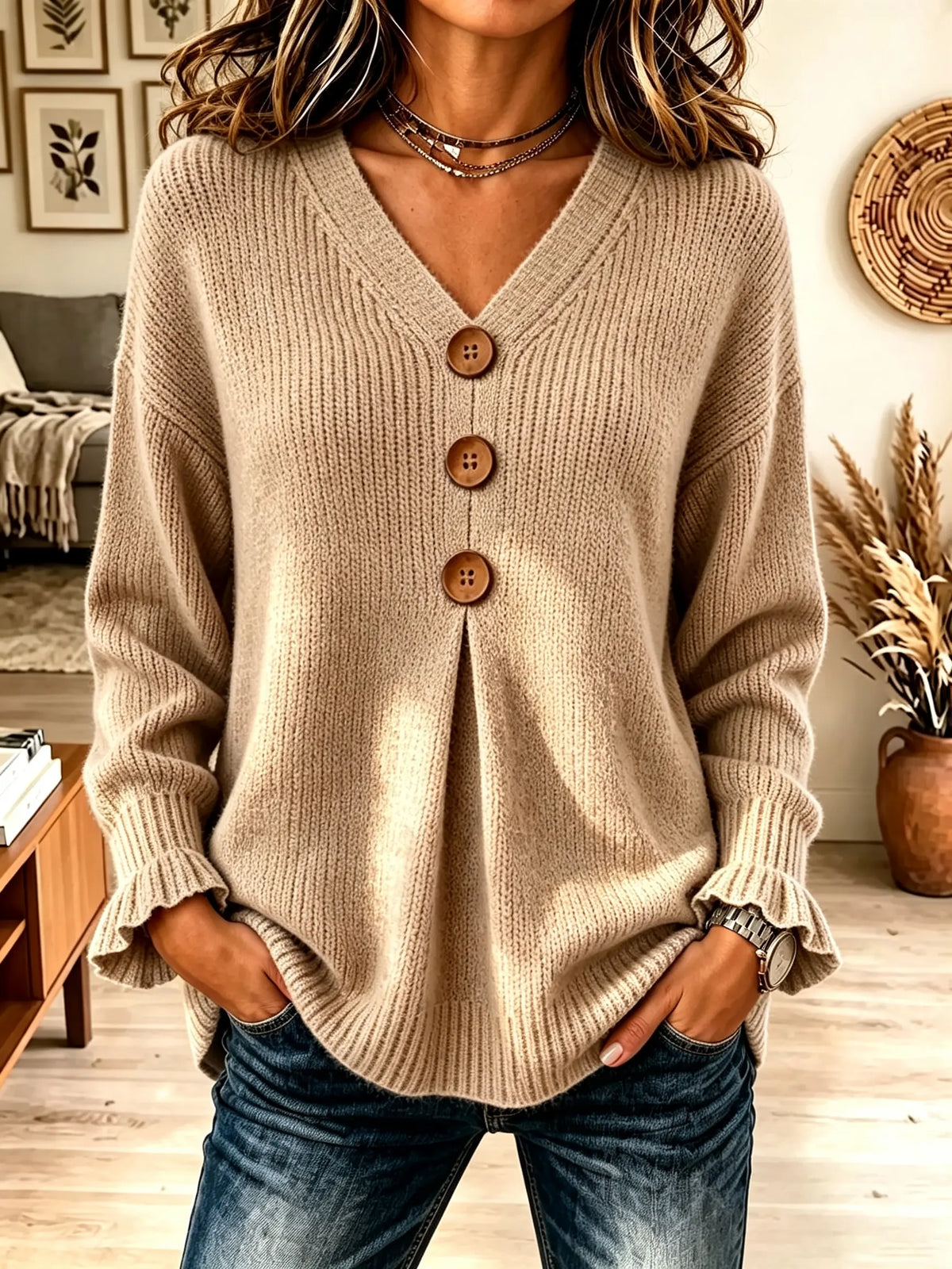 V-Neck Big Button Pleated Ruffle Cuff Knit Sweater