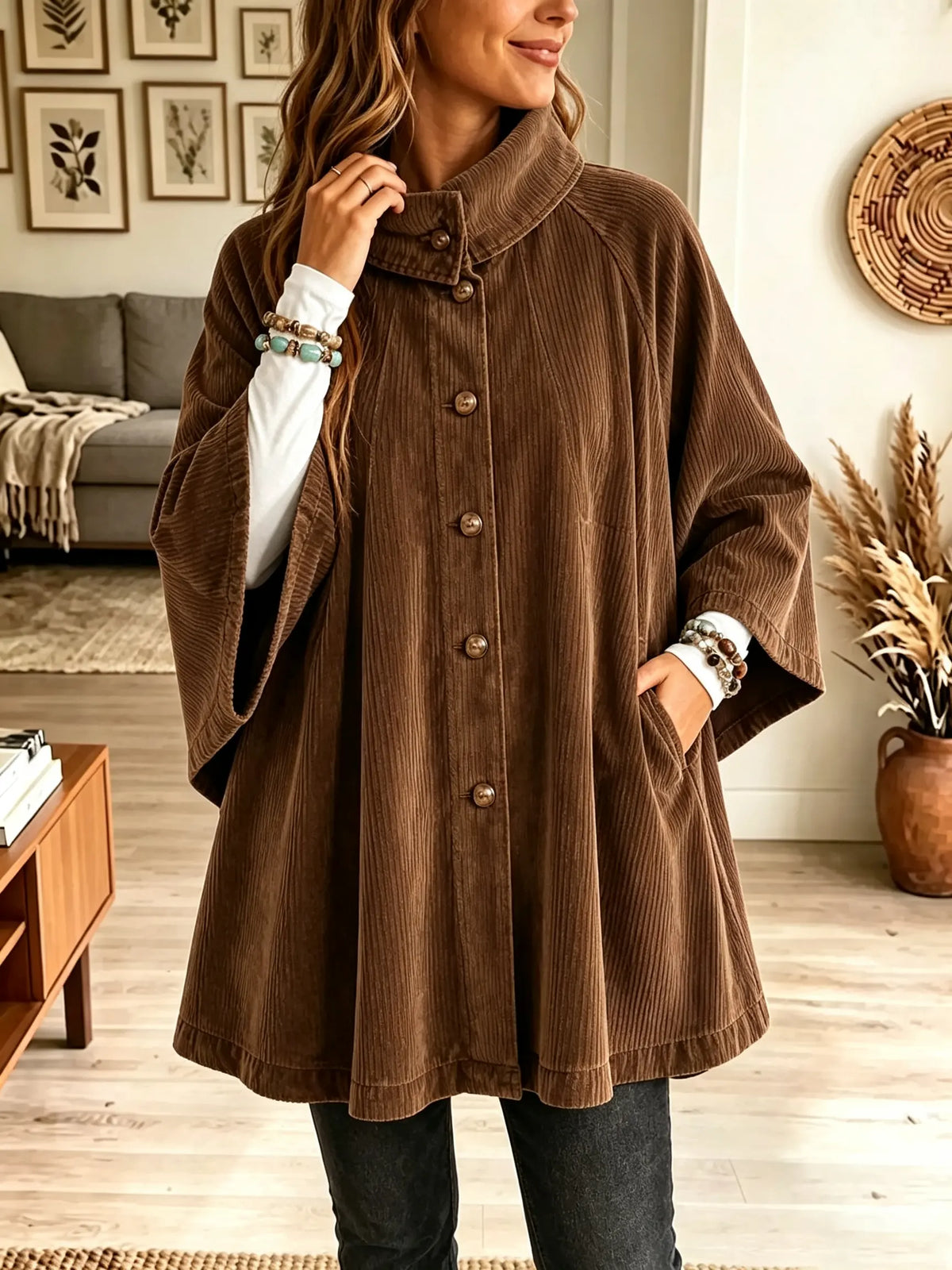 Stand Collar Button Front Oversized Corduroy Poncho Coat 4