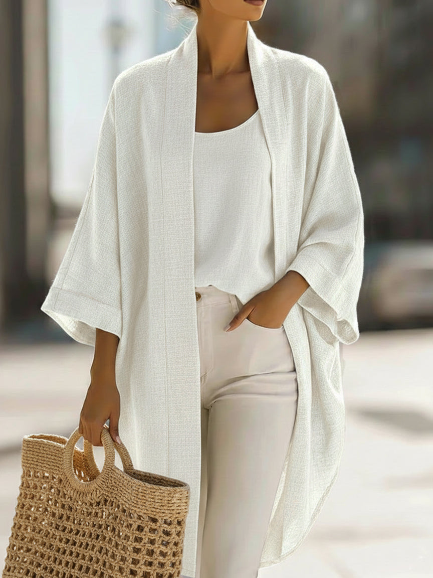 Open Front Batwing Sleeve Linen Cardigan Set 7