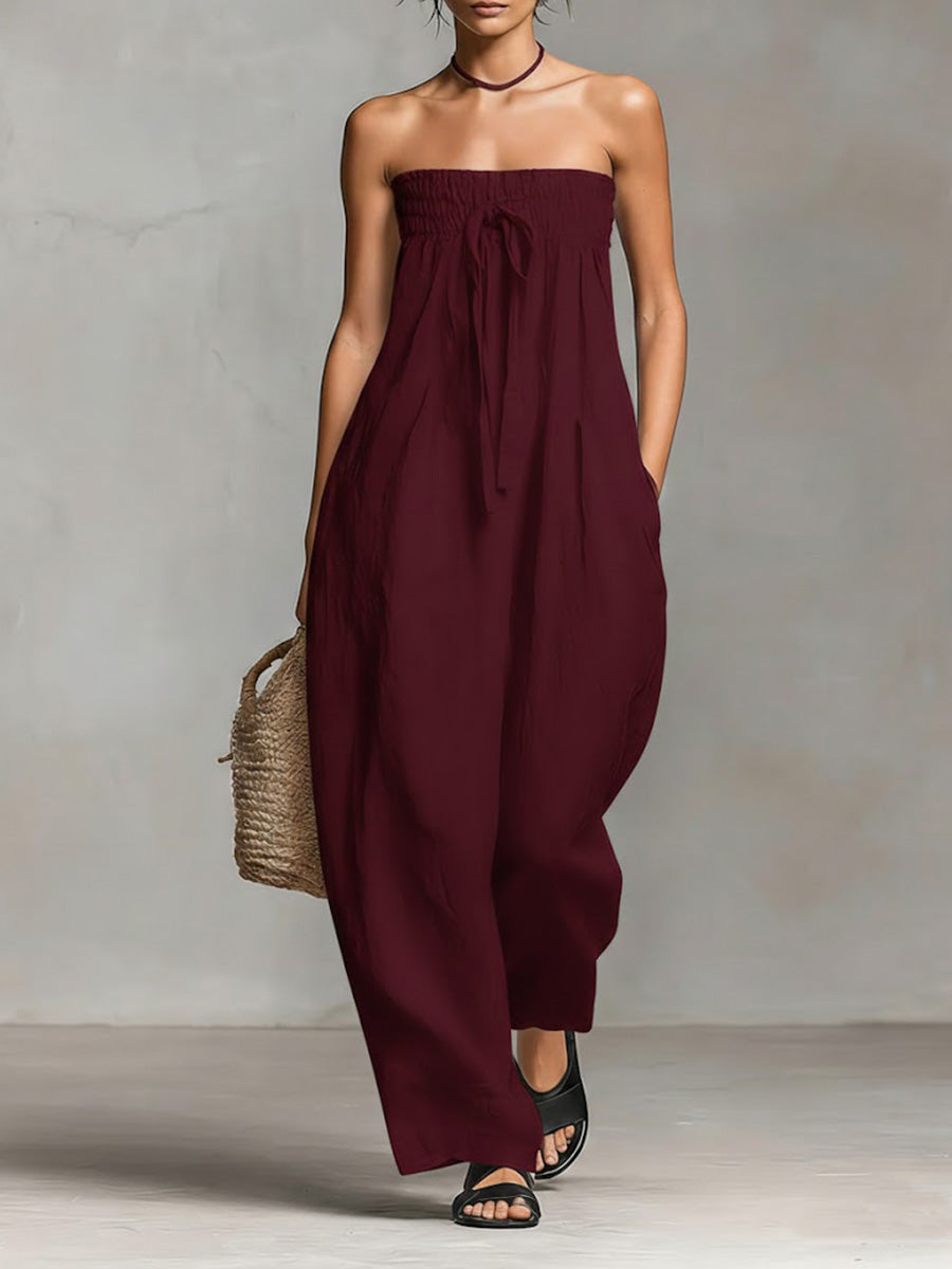 Strapless Shirred Drawstring Wide Leg Jumpsuit 6