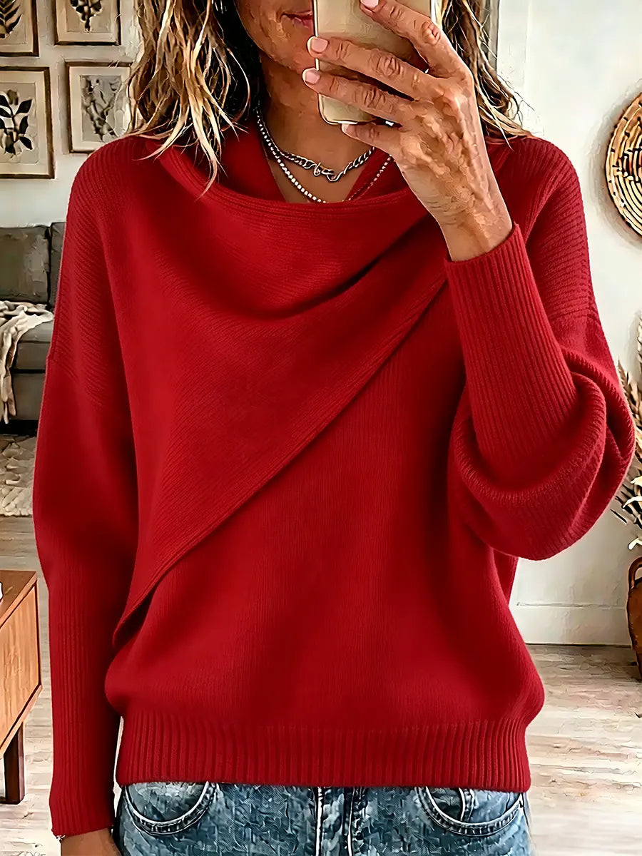 Red Mock Neck Asymmetric Drape Long Sleeve Knit Sweater