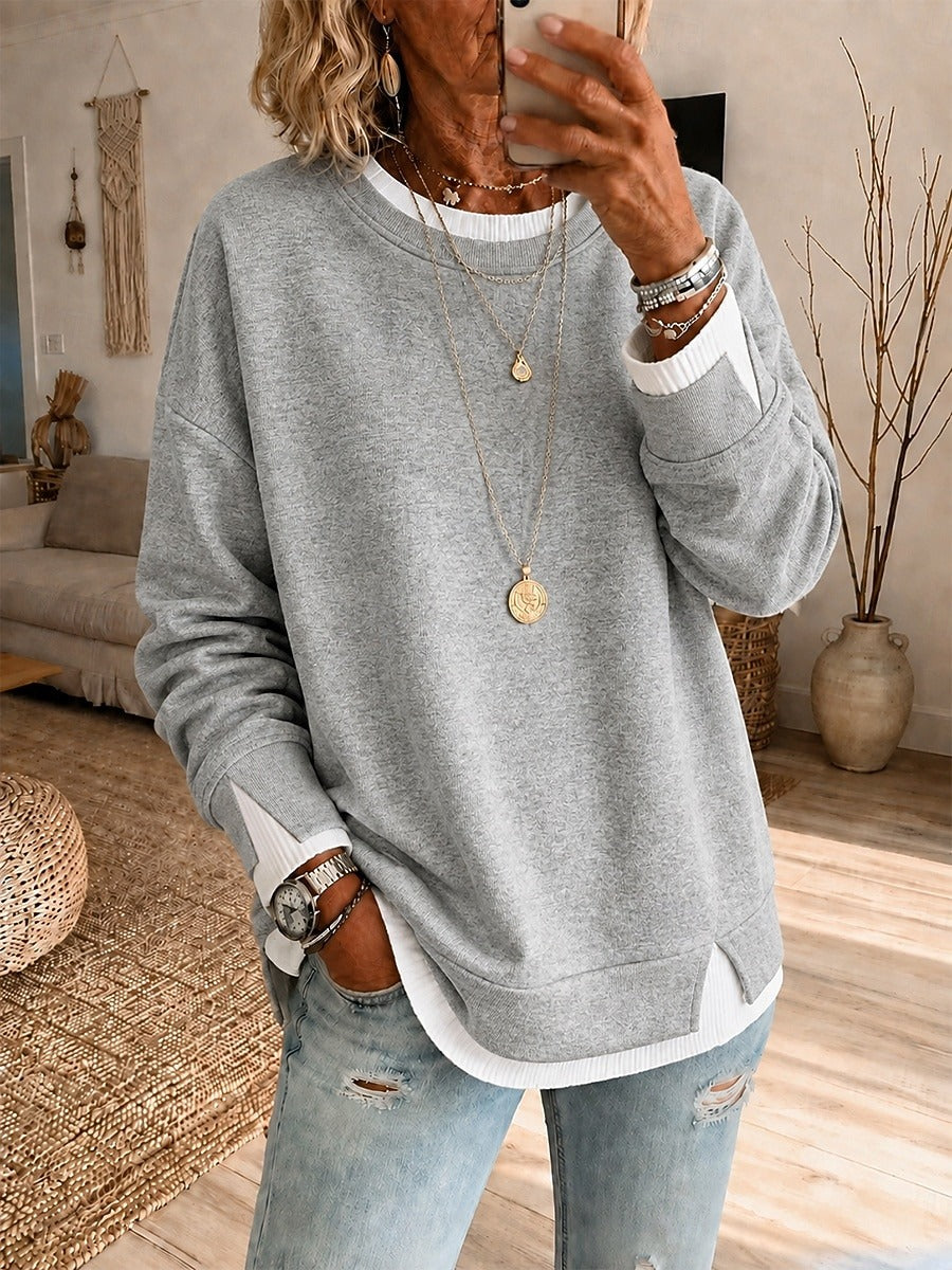 Crewneck Contrast Layered Hem Side Slit Sweatshirt 5