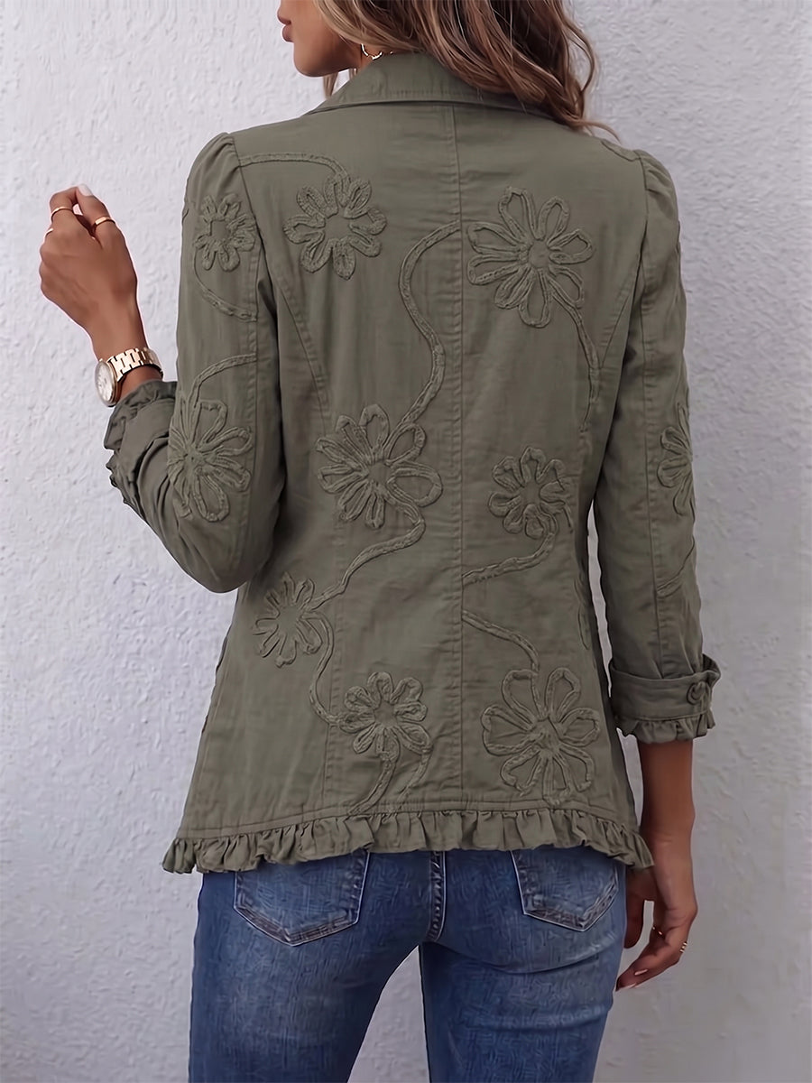 Retro Green Collared Floral Applique Ruffle Trim Button-Front Jacket 2