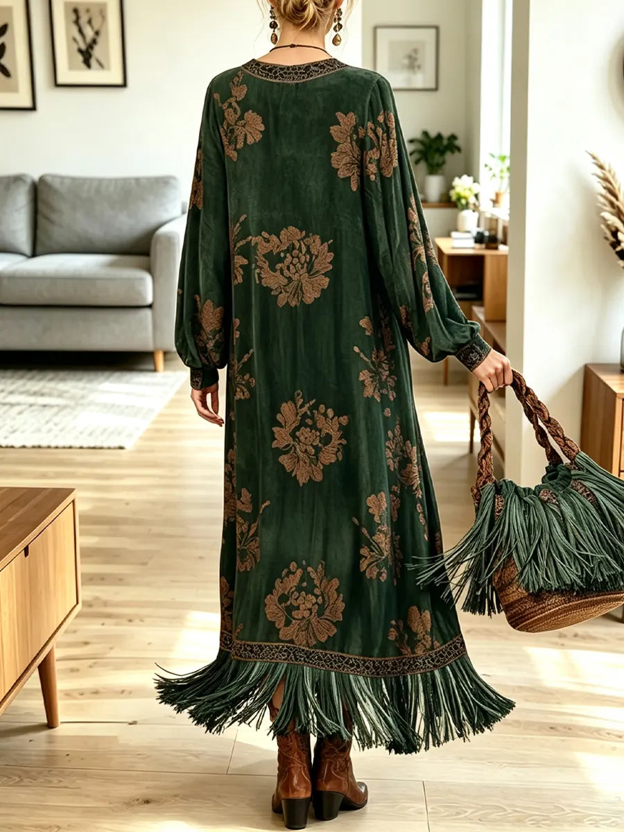 Green V-Neck Floral Velvet Tassel Hem Long Sleeve Boho Maxi Dress 2